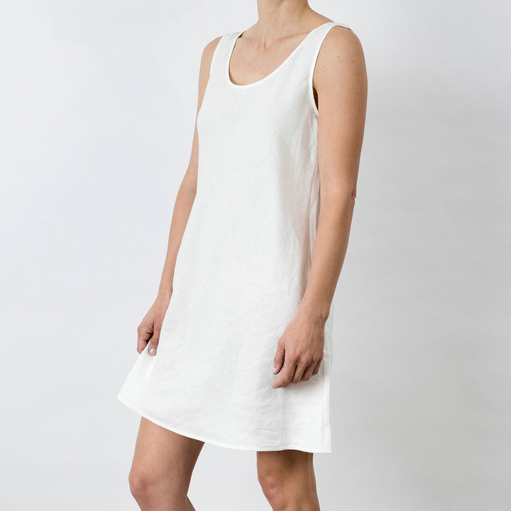 Hana Linen Dress in White on model.