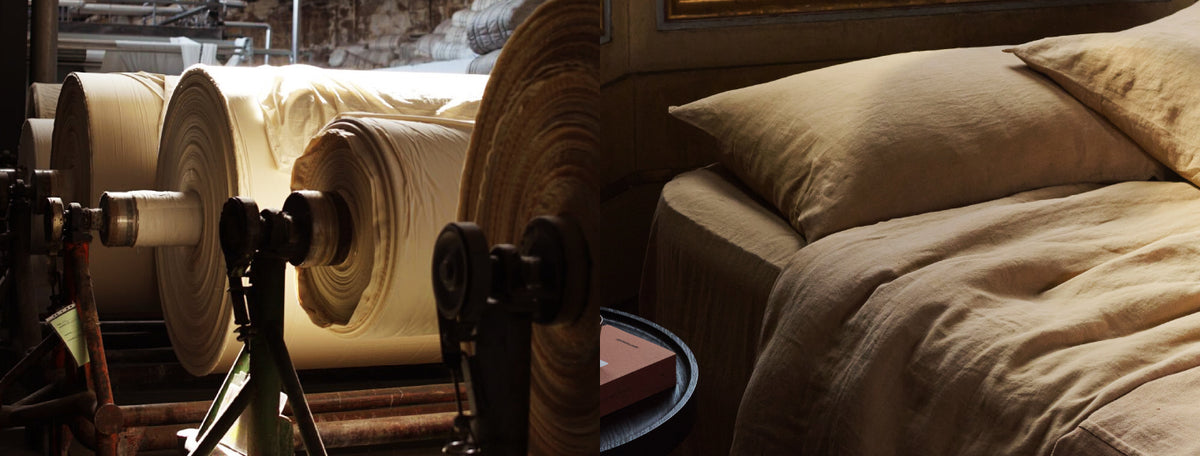 Large rolls of fabric on industrial machines are shown on the left, while the right side features neatly made linen bedding with soft pillows, highlighting the process from raw material to finished product.