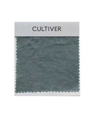 CULTIVER complimentary Bluestone swatch card displaying fabric color samples on textured material with blue and gray tones.