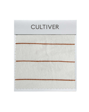 CULTIVER Cedar Stripe swatch card featuring fabric samples with blue and white striped pattern.