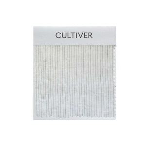 Experience the Complimentary Swatch - Fern Stripe: a linen sample with thin grey stripes on white, displayed on a CULTIVER card. Try our linen swatches in one size to find your ideal match before placing an order.