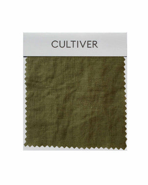 Complementary CULTIVER Forest swatch card with natural green fabric samples on white background.