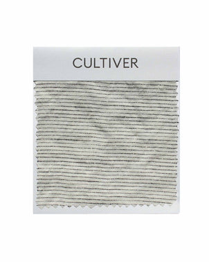 Complementary CULTIVER Pinstripe swatch card with fabric samples in white and dark pinstripe pattern.