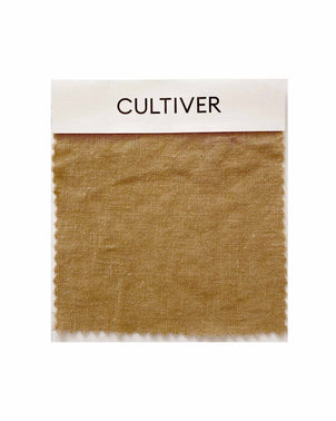 Cultiver complimentary swatch card featuring natural sand-colored fabric swatches for fabric and textile matching.
