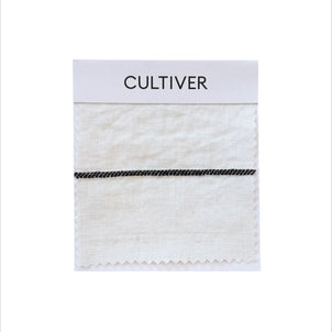 A Complimentary Swatch Card - Truffle Stripe features a white linen fabric with a black horizontal stripe, displayed on a CULTIVER-labeled card—ideal for sampling stylish home decor options.