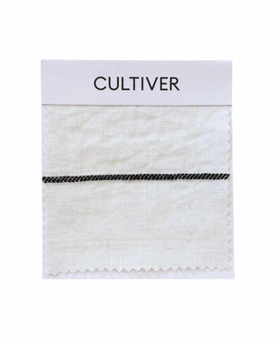 CULTIVER complimentary swatch card featuring truffle stripe fabric samples in neutral tones and textured patterns.