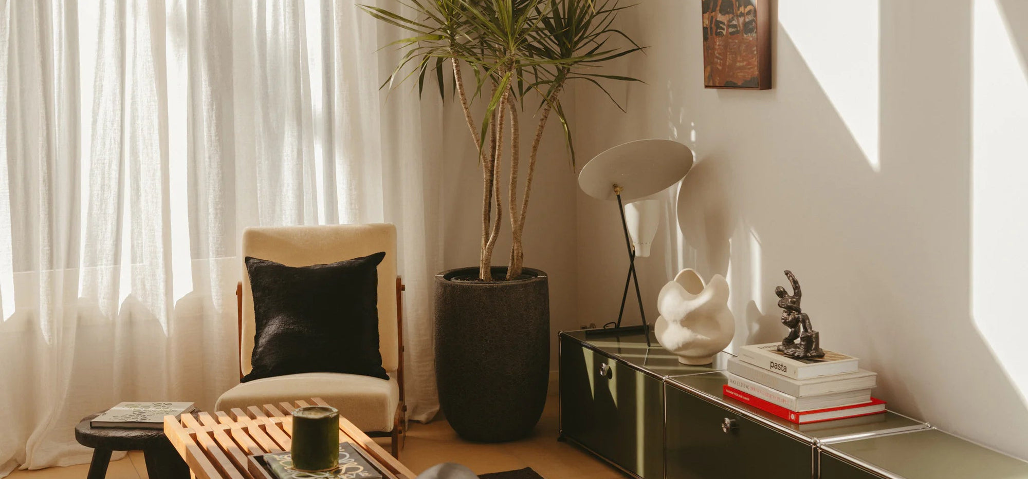 Modern living room with a plant, chair, and decorative items.