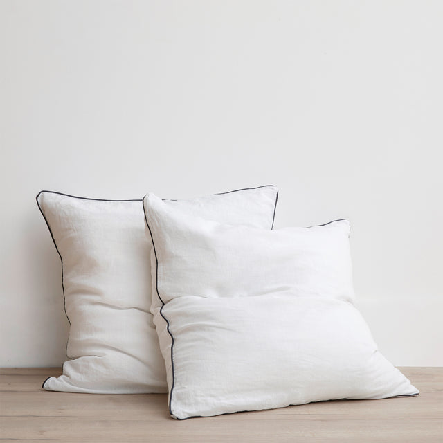 Set of 2 Piped Linen Euro Pillowcases - White and Navy