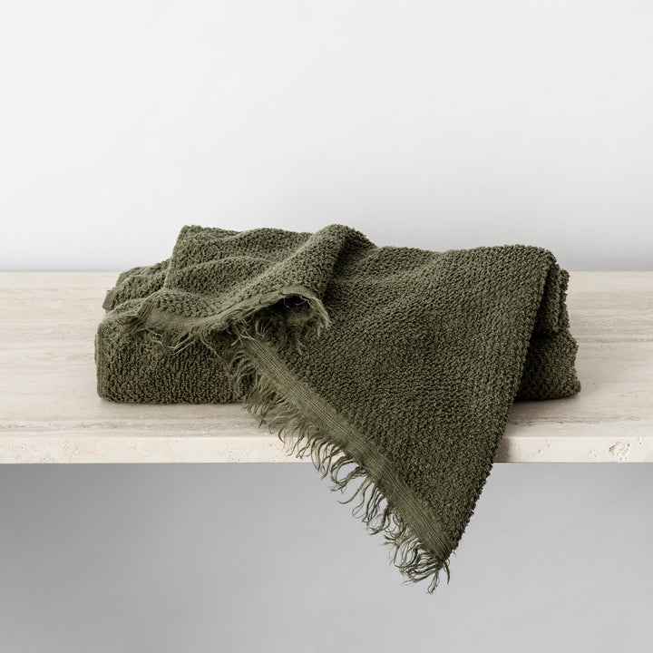 Pure Linen Bath Towel in Forest color folded