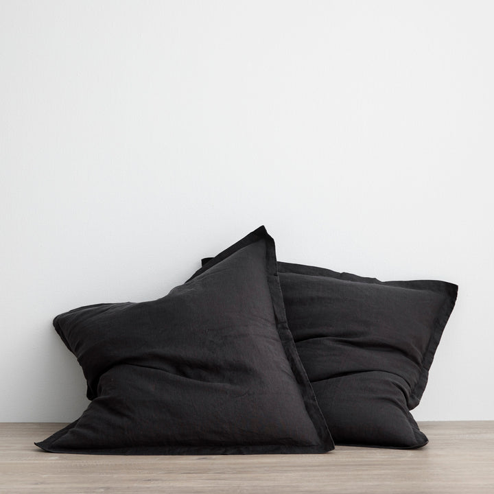 Linen Euro Pillowcases with Border in Black