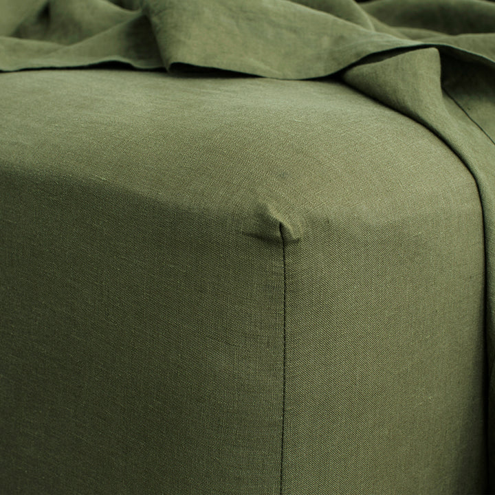 Linen Fitted Sheet - Forest. Sizes: Queen, King