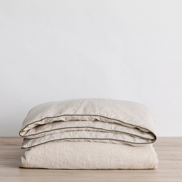 Piped Linen Duvet Cover - Natural and Forest