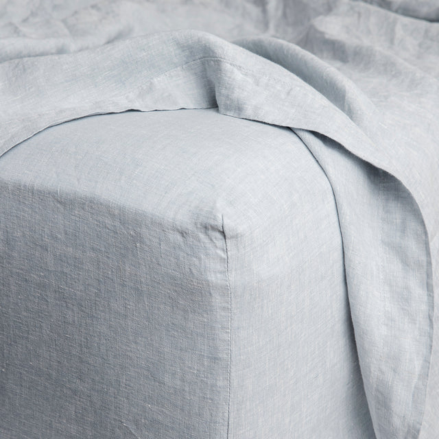 Linen Fitted Sheet in Sky. Sizes: Queen, King