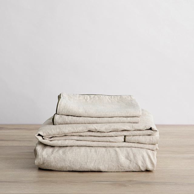 Piped Linen Sheet Set with Pillowcases - Natural and Forest