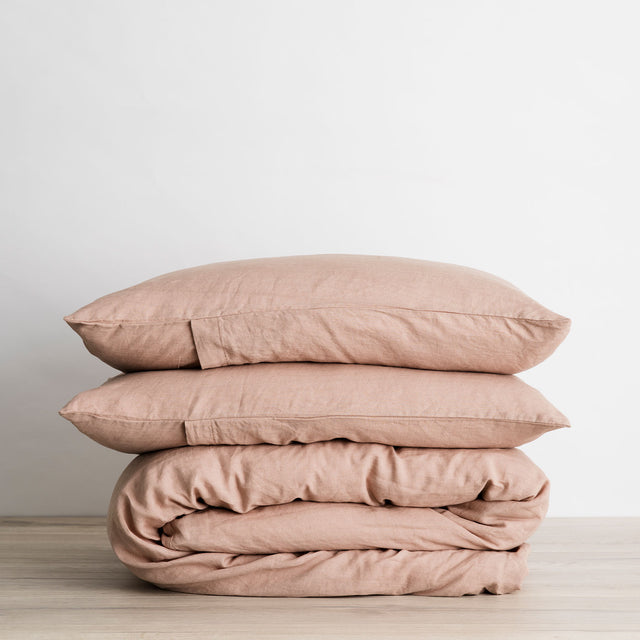 Linen Duvet Cover Set in Fawn folded and stacked.