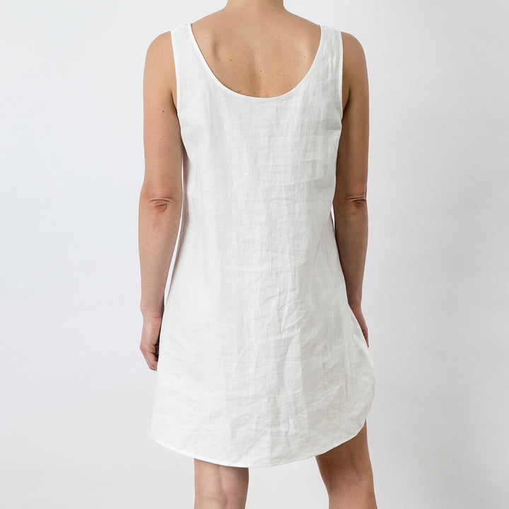 Hana Linen Dress in White on model.