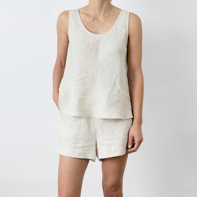 Front view of Piper Linen Singlet in Natural. Model is also wearing the matching Piper Linen Short in Natural.