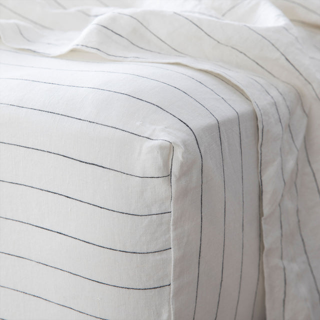 Linen Fitted Sheet - Pencil Stripe. Sizes: Queen, King