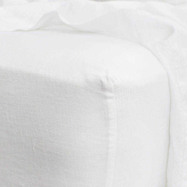 Linen Fitted Sheet - White. Sizes: Queen, King, California King