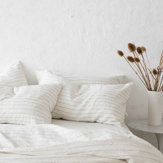 Bed styled with Linen Duvet Cover and Set of 2 Linen Pillowcases in Pencil Stripe