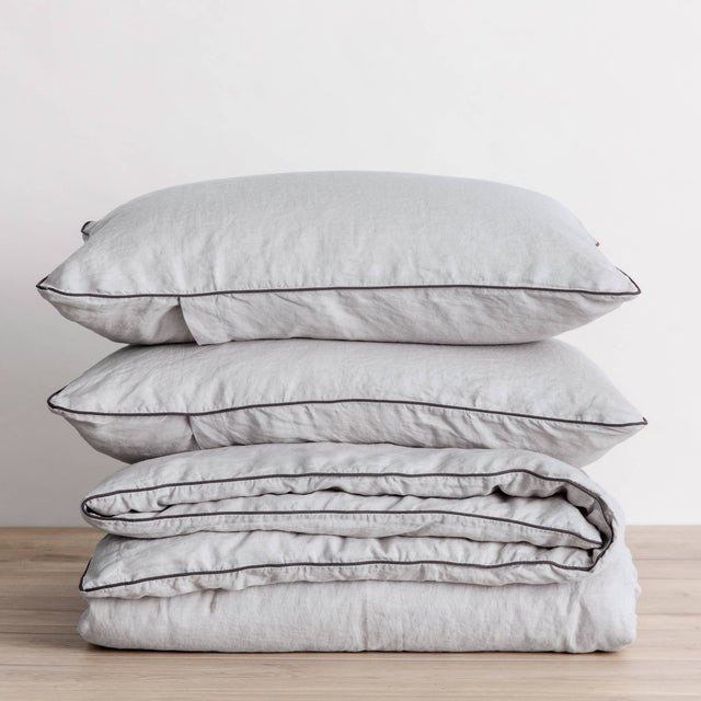 Piped Linen Duvet Cover Set - Smoke Gray and Slate