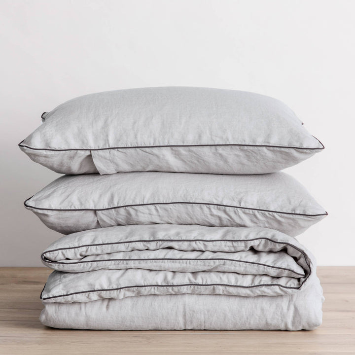 Piped Linen Duvet Cover Set - Smoke Gray and Slate