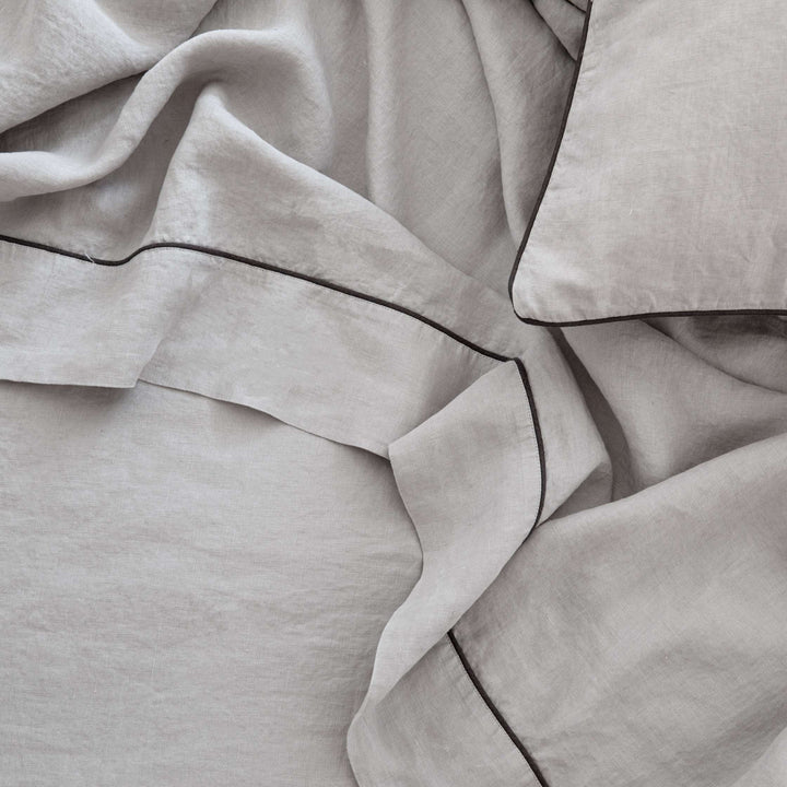 Piped Linen Flat Sheet - Smoke Gray and Slate