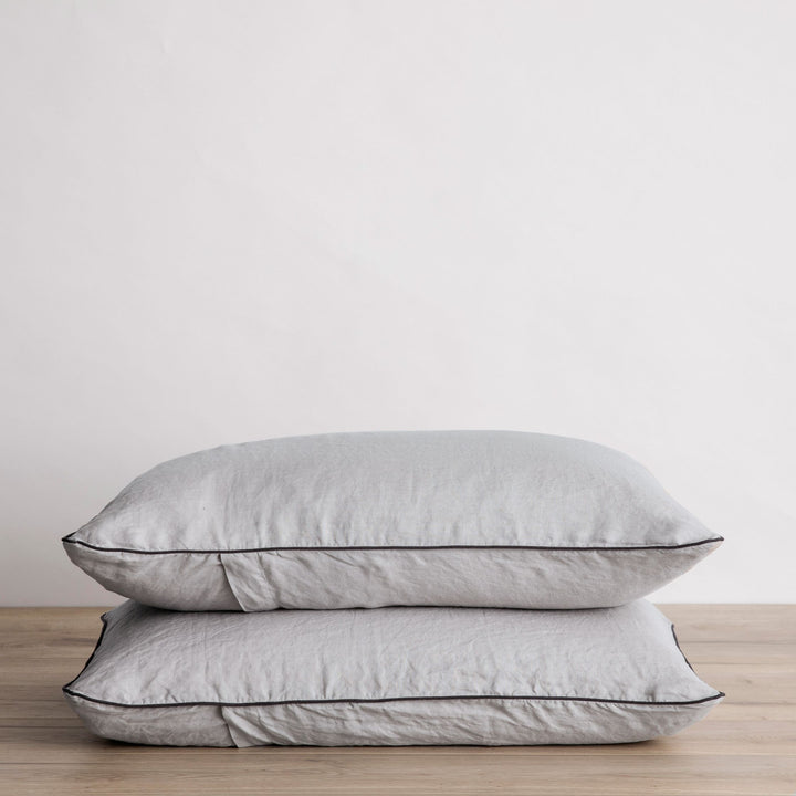 Set of 2 Piped Linen Pillowcases - Smoke Gray and Slate- CULTIVER- USA