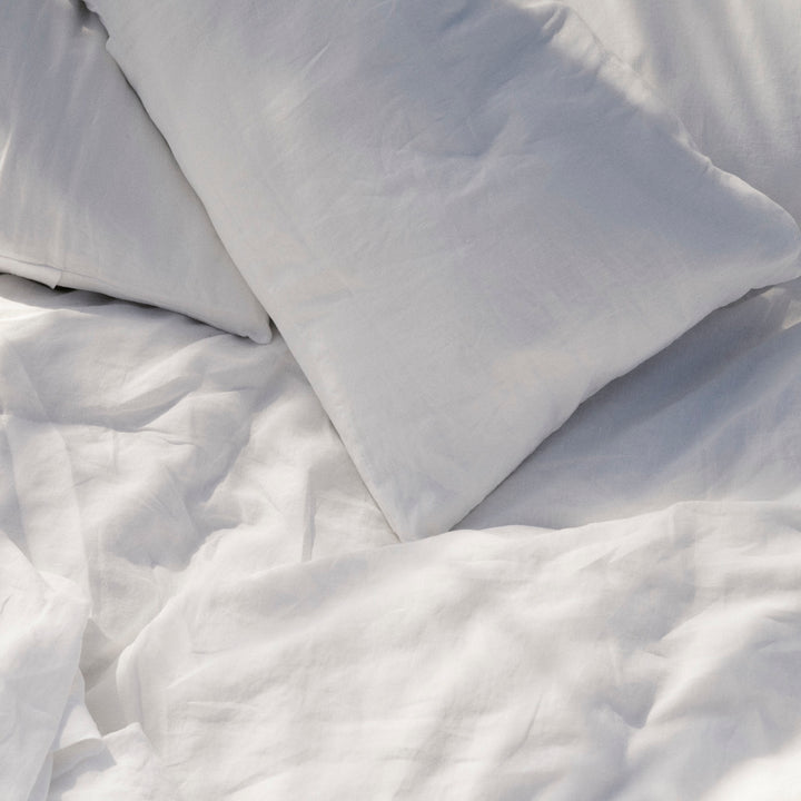 Close up of a White Duvet cover with Standard Pillowcases. Sizes: Twin, Queen, King, California King
